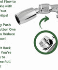 Close-up of Lead Free Metal Handheld Shower Head With 72 Inch Stainless Steel Hose Biofilm Resistant Silicone Tube showing flow control