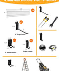 White Slatwall Garage Storage System With Wall Mount Panels, 96 Inch Total, Includes Adjustable Metal Hooks, tools displayed