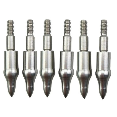 Close-up of 12 Pack Archery Field Points 125 150 Grain Stainless Steel Screw In Arrow Tips For Target Practice Pro Grade Hunting.