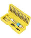 Open yellow case with 20 piece multi use fastener tool kit set with anti rust metal bits for DIY projects.