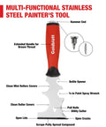 14 In 1 Painters Tool Kit For Drywall with stainless multi-functional tool showing features for cleaning, opening, and cutting.