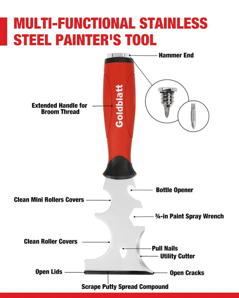 14 In 1 Painters Tool Kit For Drywall with stainless multi-functional tool showing features for cleaning, opening, and cutting.