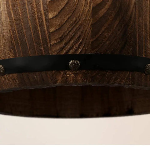 Close-up of Antique Wood Wine Barrel Pendant Lamp Rustic Hanging Ceiling Light For Bar Kitchen And Cellar E26 Max 60W
