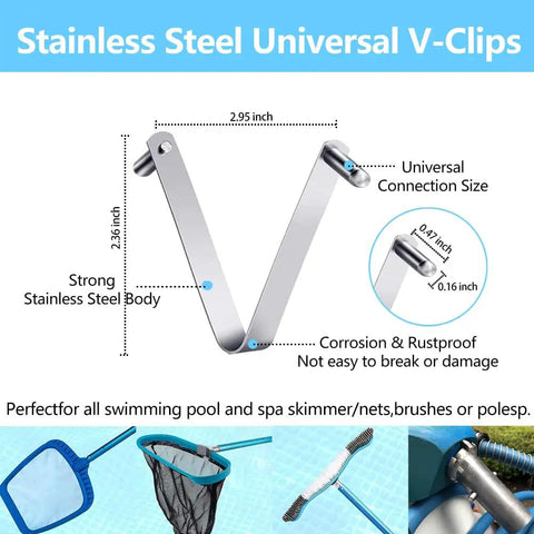 Stainless Steel V Shaped Pool Clip Universal Set For One And A Quarter Inch Poles, diagram and application examples shown.