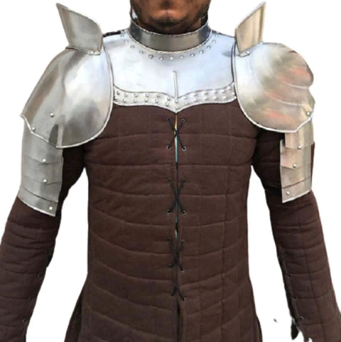 Iron Armor Gorget Set With Pauldrons And Spaulders For Medieval Cosplay, Steel Finish Costume Armor Shield For Shoulder And Neck