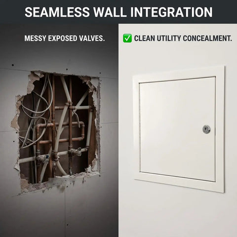 No Sweat Steel Access Panel For Drywall Featuring Keyed Lock And Flush Mount Setup To Hide Valves While Keeping Your Walls Clean And Plumbing Systems Fully Squared Away, showing concealed utility access.