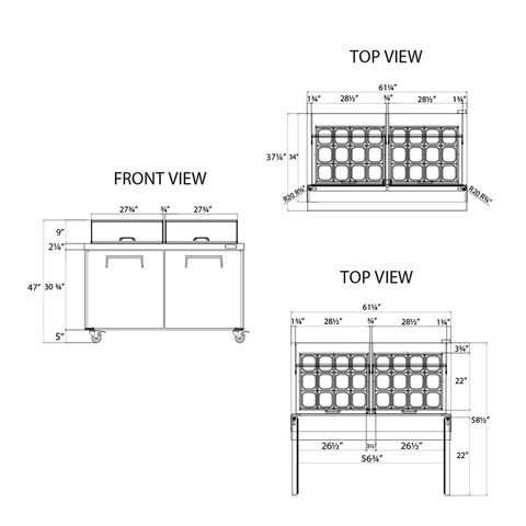 Heavy Duty Workhorse 60 Inch Commercial Refrigerated Sandwich Prep Table Built Tough Stainless Steel dimensions front and top view details