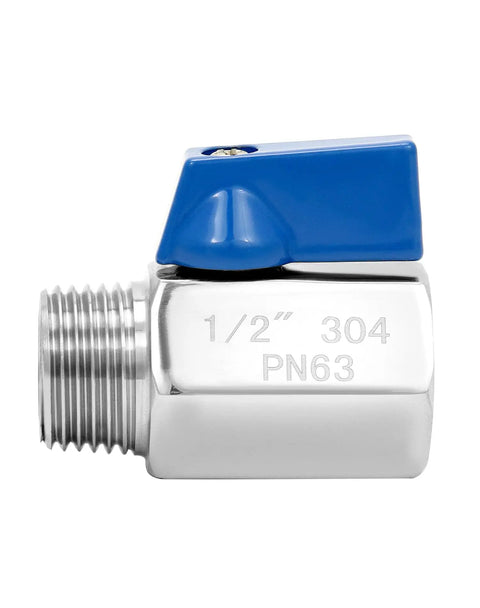 Side view of 4 Pack Durable 304 Stainless Steel Ball Valve With 1/2 Inch NPT Female And Male Threads Shut Off Valves With Blue Handle.