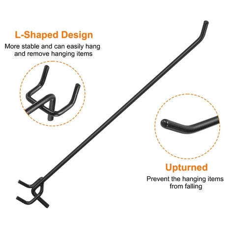 Close-up of 10 Pack Pegboard Hooks 10 Inch Stainless Steel J Shape Wall Mount Organizers For Garage Kitchen Workshop Tools Black Finish Heavy Duty