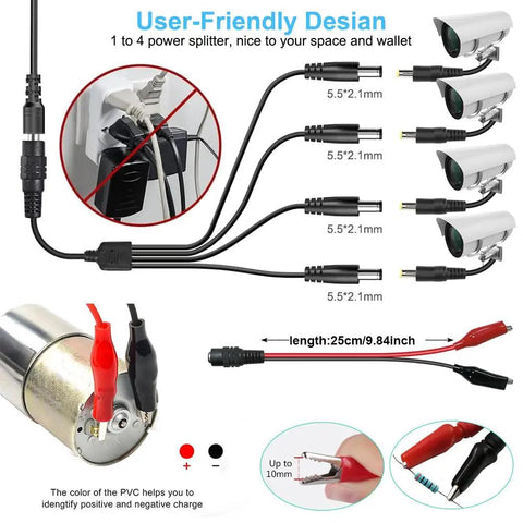 Power Supply Kit 3V To 24V Adjustable 6A 144W With LCD Display showing 1 to 4 splitter cable and polarity converter tips