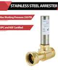 Heavy Duty Stainless Steel Water Hammer Arrestor For Washing Machine Supply Lines Three Quarter Inch Swivel FHT To MHT Connection 250 PSI Max Low Lead Brass CUPC NSF Listed For Horizontal Or Vertical Install, stainless steel, 250 PSI