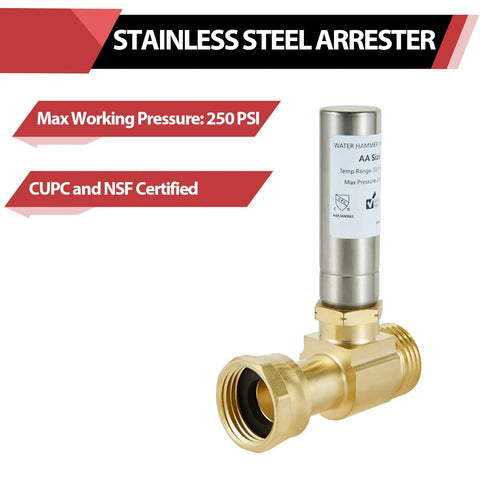 Heavy Duty Stainless Steel Water Hammer Arrestor For Washing Machine Supply Lines Three Quarter Inch Swivel FHT To MHT Connection 250 PSI Max Low Lead Brass CUPC NSF Listed For Horizontal Or Vertical Install, stainless steel, 250 PSI