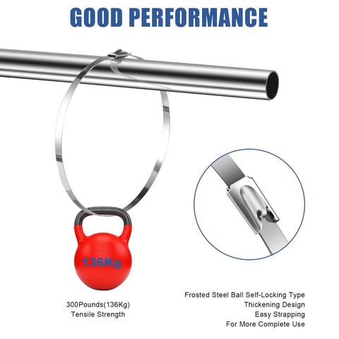 300 Pack 304 Stainless Steel Self Locking Cable Ties With 300 Lb Tensile Strength, showing heavy duty zip tie securing weight