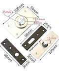 Dimensions and components of 360 Degree Rotating Wooden Door Hinges with Hidden Upper and Lower Shafts, concealed hardware.