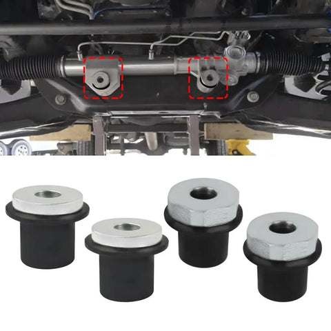 Dodge Ram 1500 Steering Rack And Pinion Mount Bushing Set 4 Pack Direct Fit Replacement For 2002 To 2012 Keeps Your Steering Tight And Quiet 52106728AC 52113031AD, showcasing installed under truck chassis.
