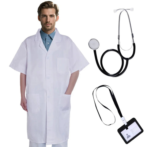 White Short Sleeve Lab Coat XL Costume For Adults And Teens Unisex Scientist Doctor Outfit With Stethoscope And ID Card