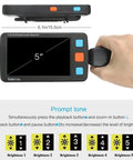 Grab And Go Handheld Digital Video Magnifier With TV AV Output 4X To 32X Zoom 5 Inch Screen showcasing size and buttons.