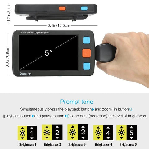 Grab And Go Handheld Digital Video Magnifier With TV AV Output 4X To 32X Zoom 5 Inch Screen showcasing size and buttons.