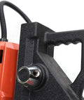 Close-up of the handle and control of the Kickass 1100W Magnetic Drill Press Delivers Raw High Speed Benchtop Power.