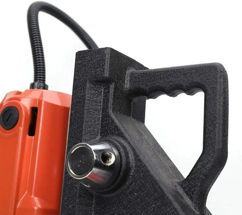 Close-up of the handle and control of the Kickass 1100W Magnetic Drill Press Delivers Raw High Speed Benchtop Power.