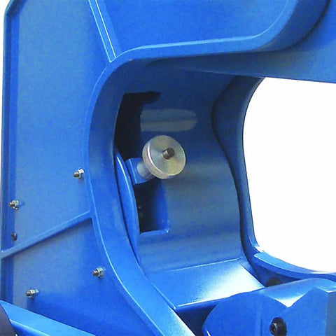 Close-up of the Heavy Duty Three Wheel Belt Grinder components showing the 7-inch wheel and housing, built for 110v outlets.