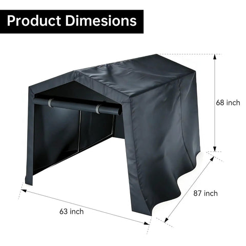 Dimensions of All Weather Outdoor Storage Shed Tent With Waterproof Cover Windproof Portable Carport Garage Shelter Roll Up Zipper Door And Vents UV Resistant Canopy For Motorcycle Bike Lawn Mower Tools 5 By 7 Point 2 By 5 Point 4 Feet showing 68 inch height, 87 inch length, 63 inch width