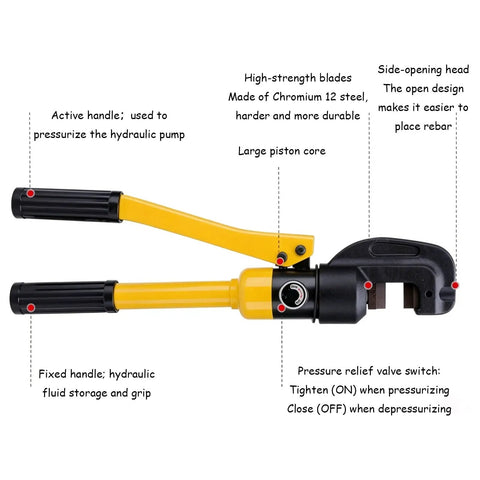 Heavy Duty 6 Ton Hydraulic Steel Bar Cutter For Cutting Rebar Up To 12 Mm with active handle and side-opening head for easy rebar placement.