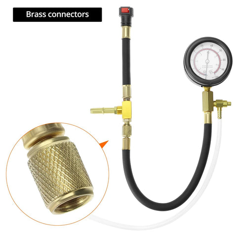 Front view of QWORK universal fuel pressure test kit with brass connectors and dual-scale gauge (0-7 bar/0-100 psi)