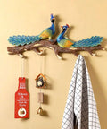 Wall Mounted Double Coat Hooks Straight Up Durable Bathrobe Hanger Space Saving Key Holder with peacock design and smooth edges.