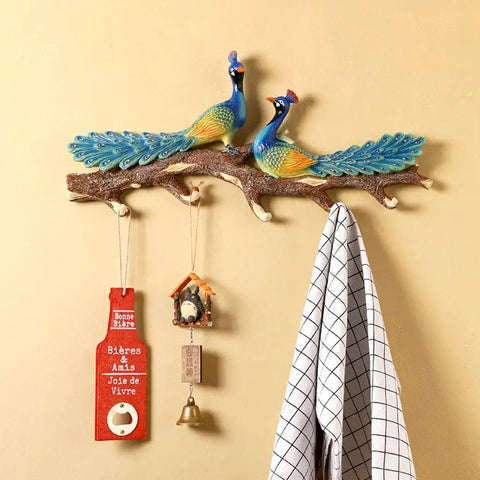 Wall Mounted Double Coat Hooks Straight Up Durable Bathrobe Hanger Space Saving Key Holder with peacock design and smooth edges.