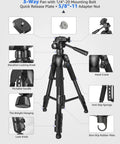 Ultimate Laser Level Tripod With 56 Inch Extendable Height For Line And Point Lasers One Quarter Inch And Five Eighth Inch Thread Mount Quick Release Plate Multi Function Hook Non Skid Feet Ideal For Laser Distance Measures And Cameras TPD14, black 3-way pan head