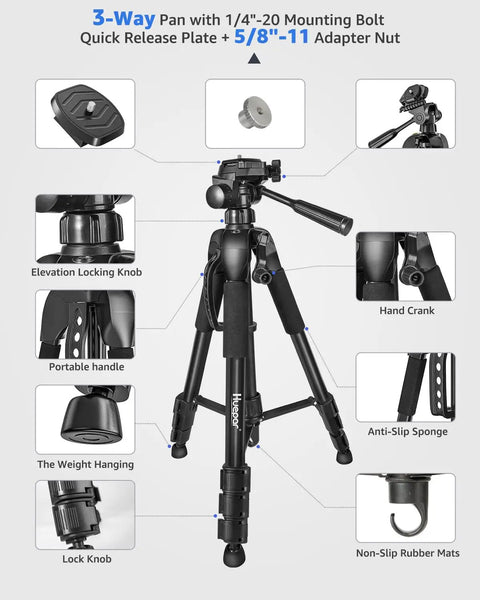 Ultimate Laser Level Tripod With 56 Inch Extendable Height For Line And Point Lasers One Quarter Inch And Five Eighth Inch Thread Mount Quick Release Plate Multi Function Hook Non Skid Feet Ideal For Laser Distance Measures And Cameras TPD14, black 3-way pan head