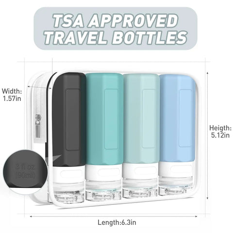 4-pack Leak Proof 3oz Travel Bottles TSA Approved Refillable Silicone Containers for Toiletries in a clear bag, gray included