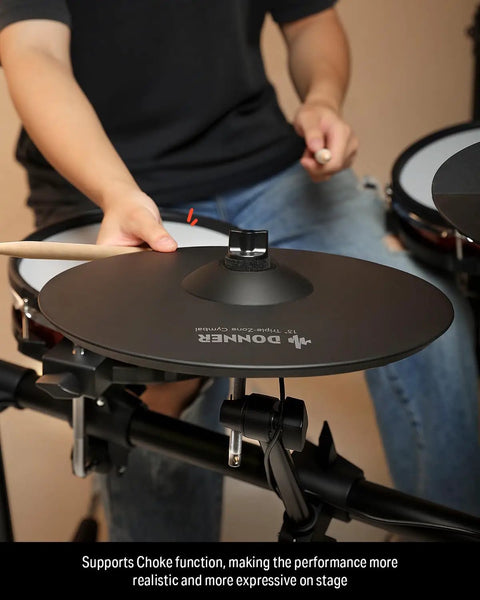 Person playing 13 Inch Triple Zone Electronic Cymbal Crash Ride With Instant Mute Choke For Digital Drums And Electric Kit