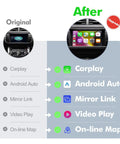 Comparison of original and upgraded dashboards with Plug And Play Wireless CarPlay Receiver For Land Rover Range Rover Evoque Discovery 4 Jaguar XE XF Bosch CarPlay Interface Retrofit Kit With Android Auto Mirror Link Reverse Camera USB Drive functionality.