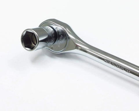 Close-up of Three Eighth Inch Square Drive Ratchet Handle With 24 Teeth, Seven Point Nine Inch Long Reversible Knurl Grip Tool, beefy metal handle.