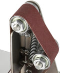 Close-up of the sanding belt mechanism on Cool Mini Bench Grinder And Sander Machine With Stainless Steel Build, featuring adjustable speeds.