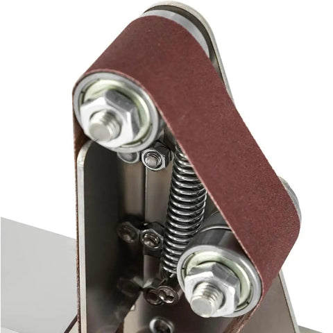 Close-up of the sanding belt mechanism on Cool Mini Bench Grinder And Sander Machine With Stainless Steel Build, featuring adjustable speeds.