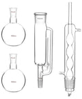 Soxhlet Extraction Set 500ml 45 To 40 And 24 To 40 Lab Glassware Must Have For Botanical Extraction, Reflux And Chemistry Experiments, Borosilicate Glass With Allihn Condenser And Solid Liquid Extraction System featuring two 500ml flasks and extractor