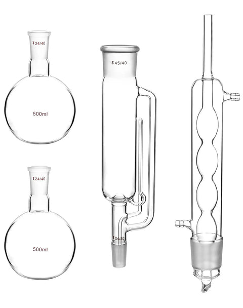 Soxhlet Extraction Set 500ml 45 To 40 And 24 To 40 Lab Glassware Must Have For Botanical Extraction, Reflux And Chemistry Experiments, Borosilicate Glass With Allihn Condenser And Solid Liquid Extraction System featuring two 500ml flasks and extractor