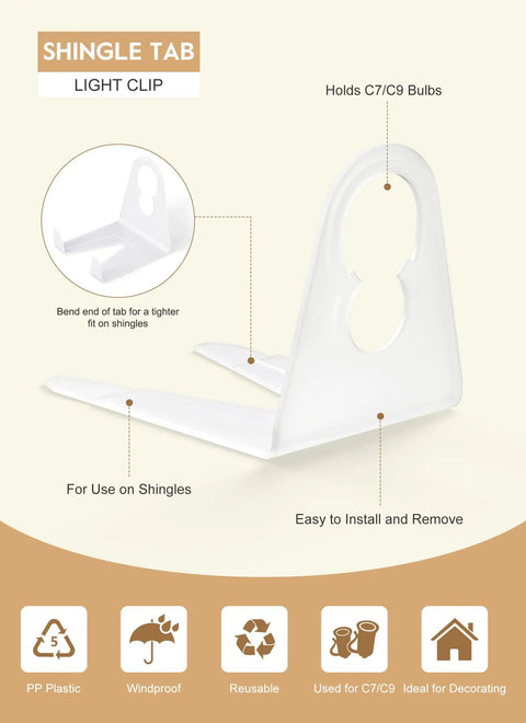 White plastic clip for C7/C9 lights, dual legs, flip tab for shingle use, labeled for easy installation