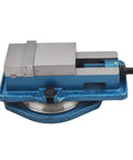 Three Inch Heavy Duty Milling Vise With Bullseye Precision Clamping, blue cast iron base, for precise workshop tasks.