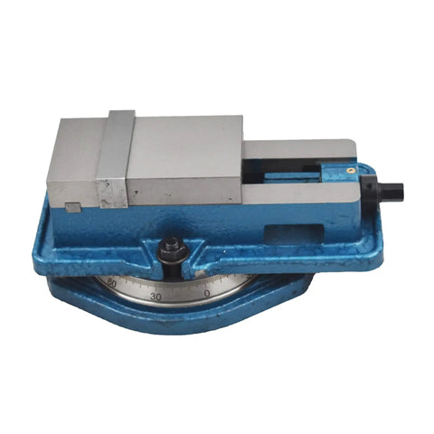 Three Inch Heavy Duty Milling Vise With Bullseye Precision Clamping, blue cast iron base, for precise workshop tasks.
