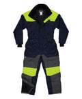 Heavy Duty Insulated Freezer Work Coveralls Built To Blast Through The Deep Freeze With Rock Solid Thermal Armor And Water Repellent Winter Job Gear For Cold Storage Crews in navy with fluorescent accents.