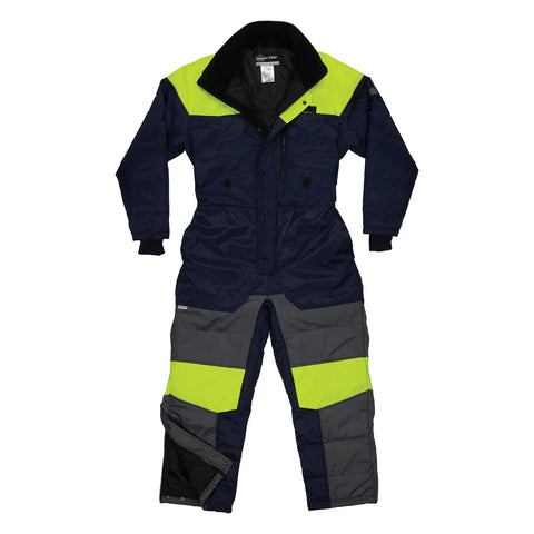Heavy Duty Insulated Freezer Work Coveralls Built To Blast Through The Deep Freeze With Rock Solid Thermal Armor And Water Repellent Winter Job Gear For Cold Storage Crews in navy with fluorescent accents.