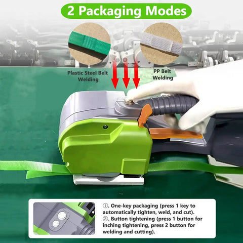 Portable 2 In 1 Electric Strapping Machine With Automatic Welding Tensioner And Cutter For 1/2 To 5/8 Inch PP PET Tape in use with controls and straps shown.