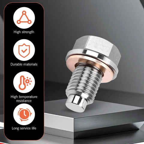 Magnetic Oil Drain Plug Kit With 5 Copper Crush Washers Stainless Steel Construction shown with key features icons