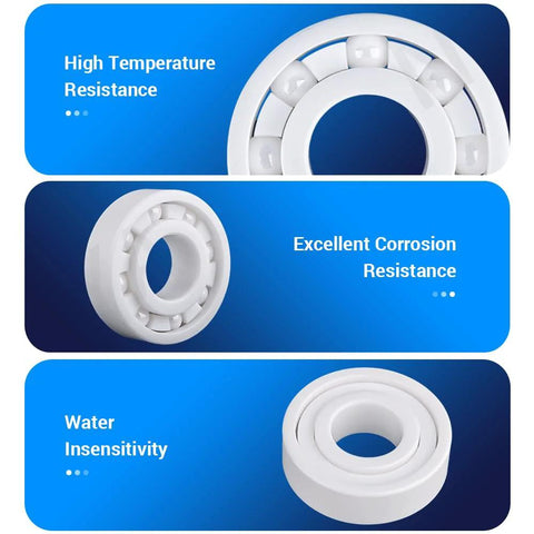 Two white 8x16x5 mm zirconia ceramic ball bearings (688CE); front and side views show temp and corrosion resistance.