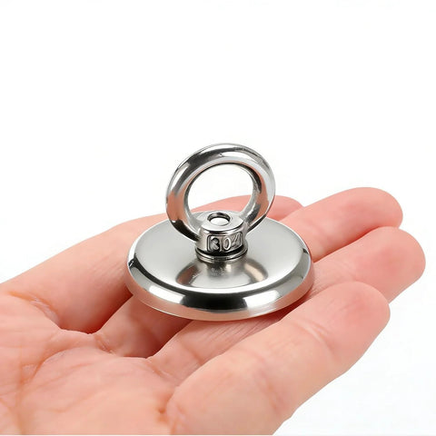 Front view of chrome neodymium fishing magnet with circular eyebolt ring atop a flat disc base