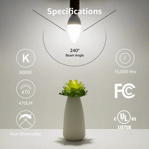 Bright 5.5W LED B11 Candelabra Bulbs 5000K Daylight White Not Dimmable 40W Equivalent with light specs and plant